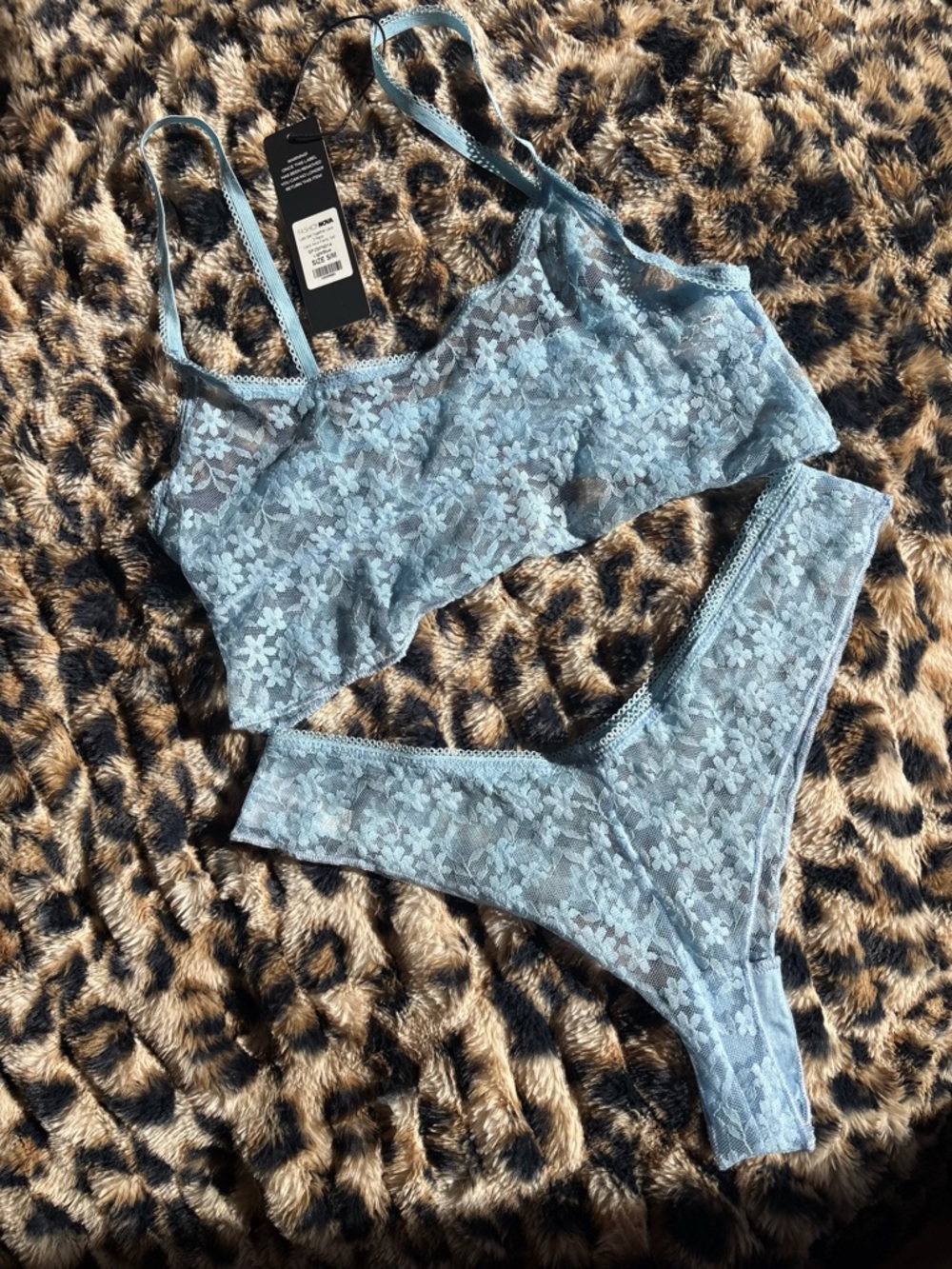 Sheer Floral Lace Bralette & Thong Set - Light Blue